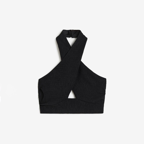 NWT H&M Textured Halterneck Crop Top in Black | Size XS - Picture 1 of 5